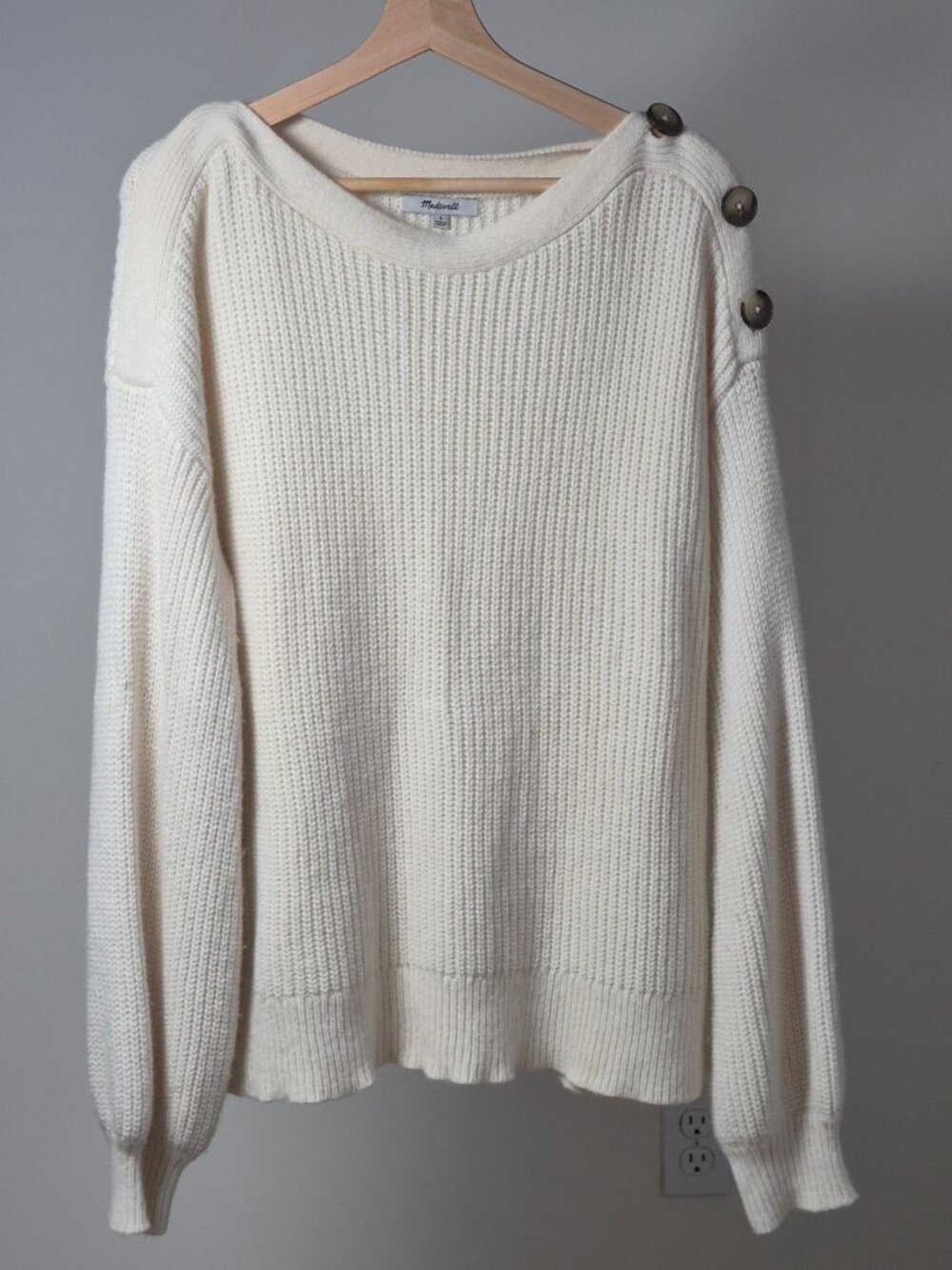 Madewell Women’s L Merino Wool Chunky Knit Sweater Boatneck Button Shoulder